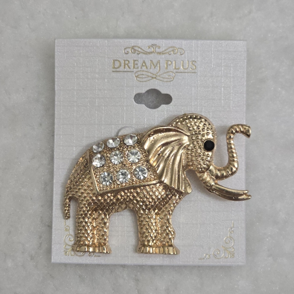 New Elephant Pin Brooch Gold Tone with Rhinestones Dream Plus Fashion Jewelry